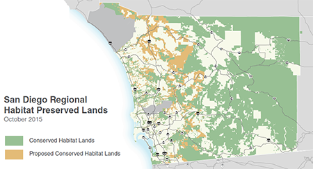 color-coded map of San Diego Regional Habitat Preserved Lands showing existing and proposed conserved habitat lands
