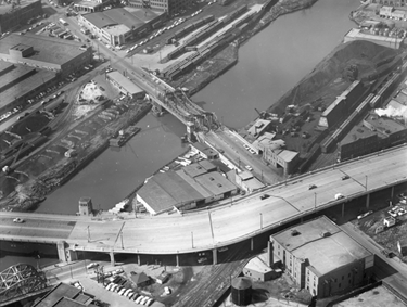 Aerial photograph of the East Division Street Bridge and the surrounding area