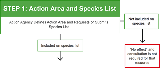 Flowchart of Step 1: Action Area and Species List - Action Agency Defines Action Area and Requests or Submits Species List - If not included on species list, then “No effect” and consultation is not required for that resource. If included on species list, go to Step 2.