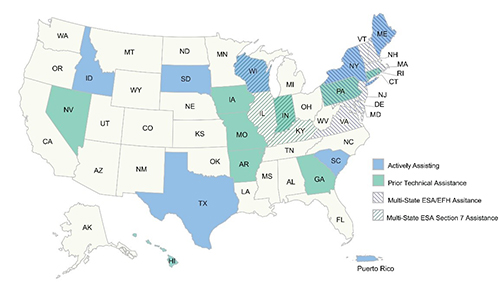 map of the U.S. with color-coded states that show levels of EDC-4 engagement: Actively Assisting, Prior Technical Assistance, Multi-State ESA/EFH Assistance, and Multi-State ESA Section 7 Assistance