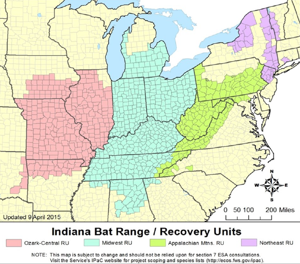 Indiana Bat Range/Recovery Units map color-coded to show four areas: Ozark-Central RU, Midwest RU, Applachian Mountains RU, and Northeast RU
