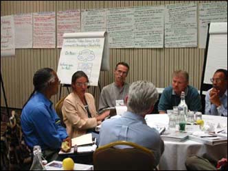 Many workshops were able to achieve a good balance of agency and tribal representation. Participants gathered around tables to discuss workshop materials.