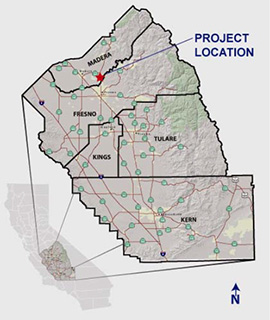 Map of central California, with a red star showing the location of the project