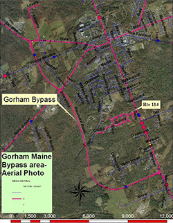 Aerial photograph of the Gorham Bypass area, with major roads lined in pink and lower volume roads lined in blue and labeled.
