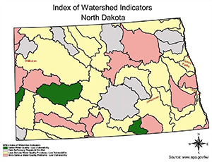 Color-coded map of North Dakota, labeled 'Index of Watershed Indicators', showing three green areas (Better Water Quality - Low Vulnerability), eight light purple areas (Data Sufficiency Threshold Not Met), twenty-six yellow areas (Less Serious Water Quality Problems - Low Vulnerability), and thirteen pink areas (More Serious Water Quality Problems - Low Vulnerability)