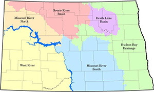 Color-coded map of North Dakota, showing the Regional Service Areas of Missouri River North, Souris River Basin, Devils Lake Basin, Hudson Bay Drainage, Missouri River South, and West River