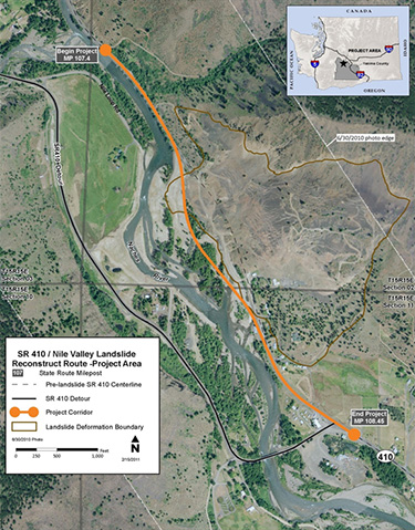 Aerial photograph of the SR 410/Nile Valley Landslide Reconstruct Route Project Area showing the project corridor, the landslide deformation boundary, and the SR410 detour