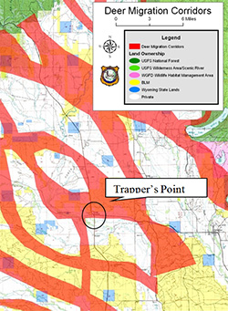 Map of the area surrounding Trapper's Point, Wyoming. Large swaths are tinted red to show deer migration corridors.