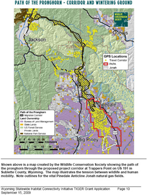 Color-coded map from the Wyoming Statewide Habitat Connectivity Initiative TIGER Grant Application, which is entitled 'Path of the Pronghorn - Corridor and Wintering Ground.' The map highlights the path of the pronghorn through the proposed project corridor in Sublette County, Wyoming.