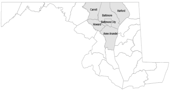 Figure 1: Map of Baltimore Regional Transportation Board (BRTB) region which includes  six jurisdictions - Anne Arundel, Baltimore, Carroll, Harford, and Howard counties; city of Baltimore