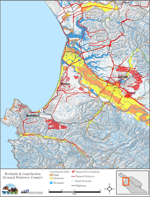 AMBAG-created color-coded map of wetlands and liquefaction risk in coastal Monterey County. Areas of liquefaction risk are colored to indicate high risk and moderate risk. A wetlands layer shows the locations of wetlands, planned development, planned projects, the road network, and highways.