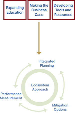 chart: Future Focus of the Eco-Logical Program - Expanding Education, Making the Business Case (using the Ecosystem Approach: Integrated Planning, Mitigation Options, and Performance Measurement), and Developing Tools and Resources