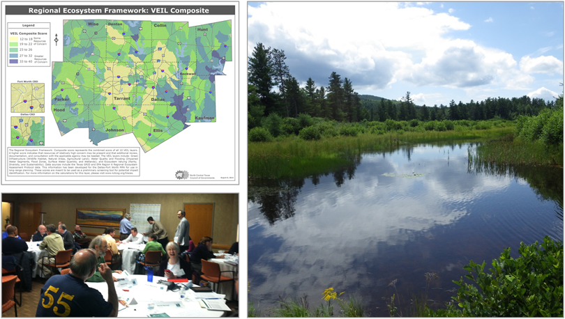 A collage of threee images: (1) a map of NCTCOG's planning region labeled by county: Wise, Denton, Collin, Hunt, Parker, Tarrant, Dallas, Rockwall, Kaufman, Hood, Johnson, and Ellis. The map is related to NCTCOG's Regional Ecosystem Framework and color-coded to indicate VEIL composite scores, representing combined scores of all 10 VEIL layers; (2) a photograph of the Pequawket Pond Mitigation Site in Conway, New Hampshire: a body of water surrounded by wetlands; and (3) a photograph of three participants sitting at a table during a break-out discussion at a Charlottesville-Albemarle Metropolitan Planning Organization stakeholder meeting