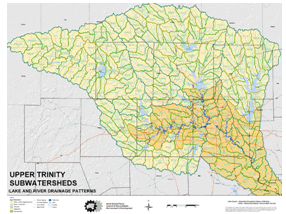 Figure 13: Map of lake and river drainage patterns of the Upper Trinity Sub-watersheds, Texas.