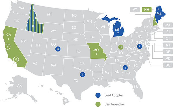 U.S. map showing locations of Lead Adopters (Atlanta Regional Commission, Charlottesville-Albemarle Metropolitan Planning Organization, Maine Department of Transportation, Michigan Department of Transportation, North Central Texas Council of Governments, Pikes Peak Area Council of Governments, and Idaho Department of Transportation) and User Incentive (Association of Monterey Bay Area Governments, Missouri Department of Transportation, New Hampshire Department of Transportation, Ohio-Kentucky-Indiana Regional Council of Governments, Southern California Association of Governments, and Idaho Department of Transportation)