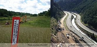 two images: (1) a photo, courtesy of Ohio DOT, of a Conservation Easement sign in a field with a work crew and backhoe in the background and (2) an aerial photo, courtesy of Colorado DOT, of a roadway work crew on a site along a river