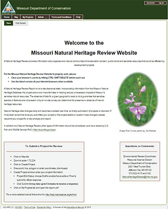 screenshot of the Missouri Natural Heritage Review website’s home page