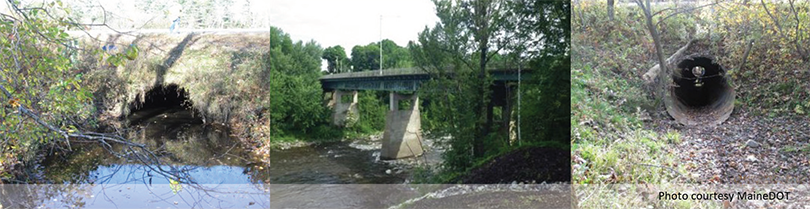 collage of three photos, courtesy of MaineDOT: (1) photo of a bridge culvert overgrown with vegetation, (2) photo of a swiftly moving river under a road bridge, and (3) photo of an old culvert in the woods