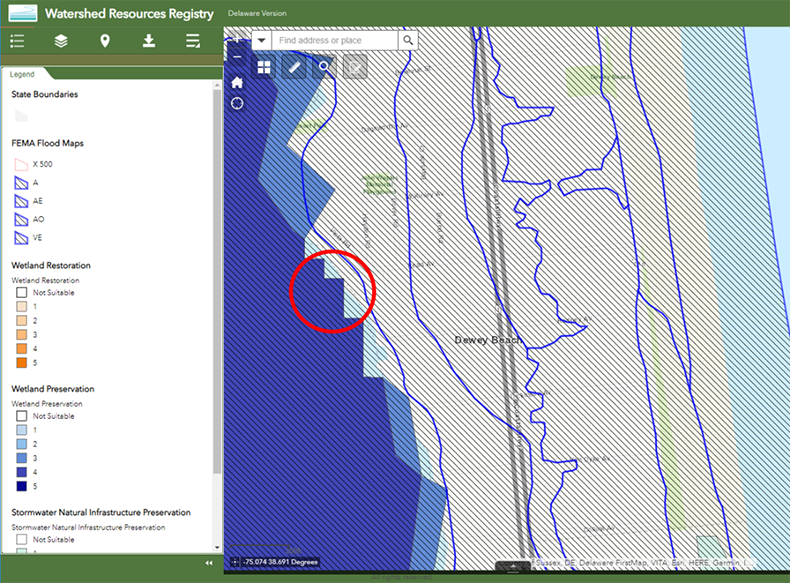 screenshot of the Watershed Resources Registry, Delaware Version, which displays a map of the Dewey Beach area overlaid with shaded and/or color-coded areas that are detailed in a Legend: FEMA Flood Maps, Wetland Restoration, Wetland Preservation, and Stormwater Natural Infrastructure Preservation