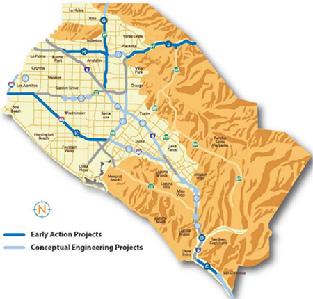 Map showing the locations of the 13 planned M2 Program transportation projects in Orange County, labeled A-M.