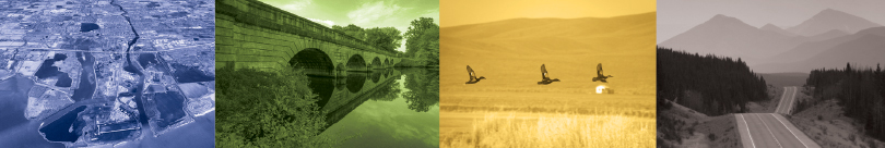 strip of four colorized photos: (1) a blue-tinted aerial photo of a coastal community, (2) a green-tinted photo of a stone bridge, (3) a pale yellow-tinted photo of three geese flying across marshland with tall hills in the background, and (4) a gray-tinted photo of a roadway over hills with mountains in the background