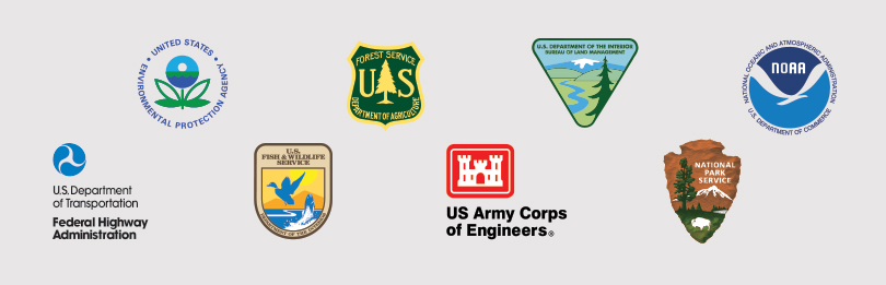 collage of the Eco-Logical signatory agencies' logos: FHWA, EPA, USFWS, USFS, USACE, BLM, NPS, and NOAA