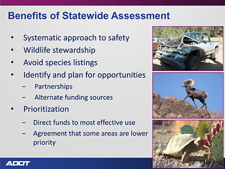 Slide: Benefits of Statewide Assessment - systematic approach to safety, wildlife stewardship, avoid species listings, identify and plan for opportunities (partnerships and alternate funding sources), prioritization (direct funds to most effective use and agreement that some areas are lower priority