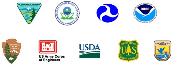 steering team agency logos: Bureau of Land Management, U.S. Environmental Protection Agency, U.S. Department of Transportation, National Oceanic and Atmospheric Administration, National Park Service, Army Corps of Engineers, U.S. Department of Agriculture, U.S. Forest Service, and the U.S. Fish and Wildlife