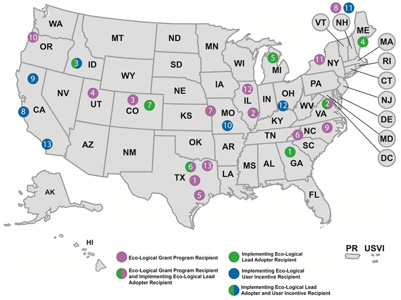 map of the United States with dots indicating the locations of the Eco-Logical Grant Program and Implementing Eco-Logical IAP recipients; this data is detailed throughout this report