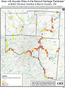 map of aquatic sites in the Natural Heritage Database in Butler, Clermont, Hamilton, and Warren Counties, Ohio