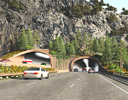 artist rendition of I-70 improvements shows two modern highway tunnels through a mountainside