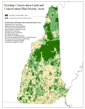 Figure 7: map showing existing conservation land and conservation plan priority areas in New Hampshire.