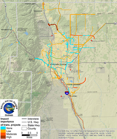 PPACG map of the Colorado Springs area: major roads are color-coded to illustrate four levels of the impact importance of transportation projects to the region
