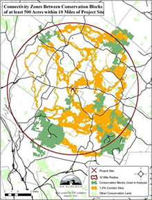 Map of the area surrounding the study site, showing Connectivity Zones between 500+ acre conservation blocks