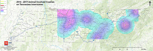 Wildlife vehicle collision crash map developed for the state of Tennessee by the Tennessee Department of Transportation
