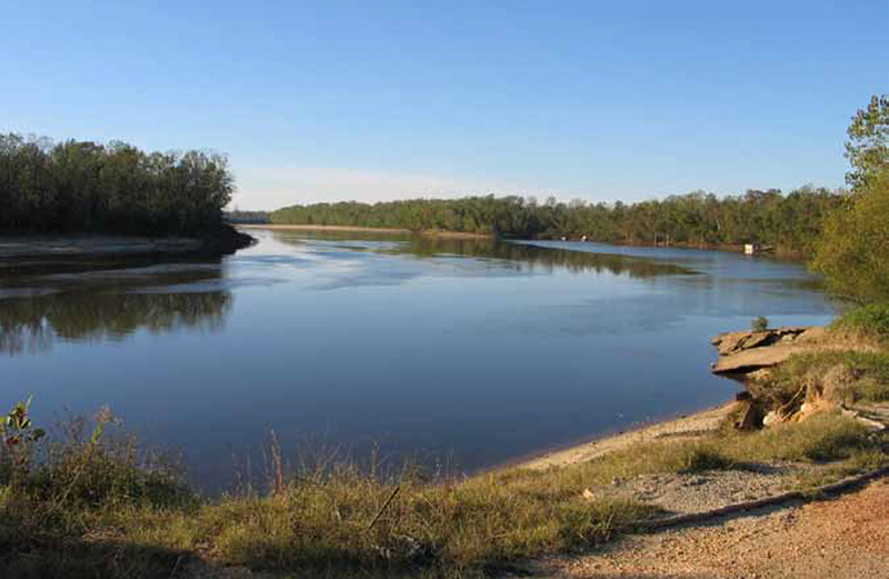 Photograph of the Alabama River at Dixie Crossing on a bright sunny day. The wide calm river curves to the left and is bordered by trees on both sides.