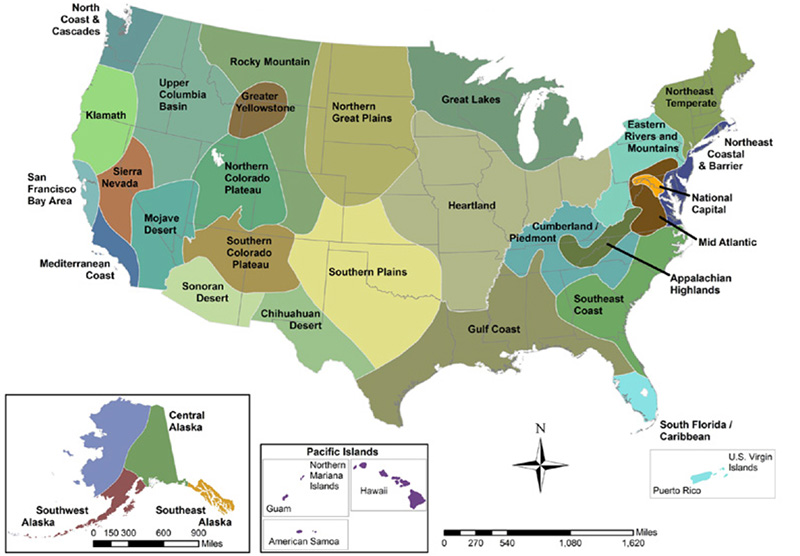 Color-coded map of the U.S., Pacific Islands, Puerto Rico, and the U.S. Virgin Islands showing the 32 ecoregional networks