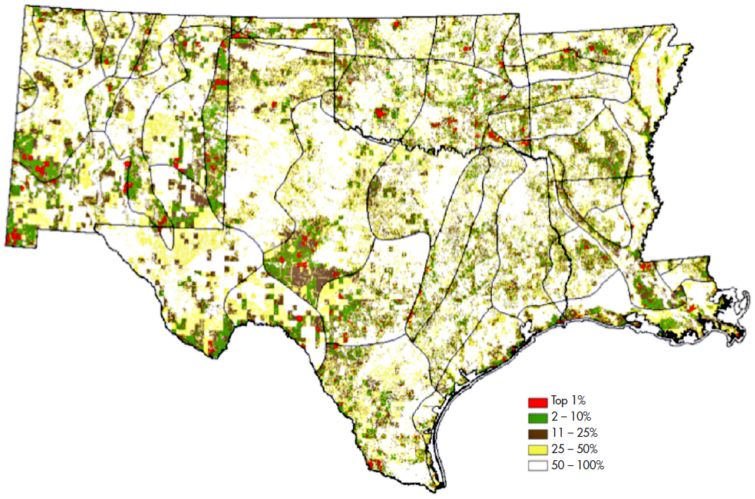 REAP map of EPA Region 6 color-coded to show areas by level of ecological importance.