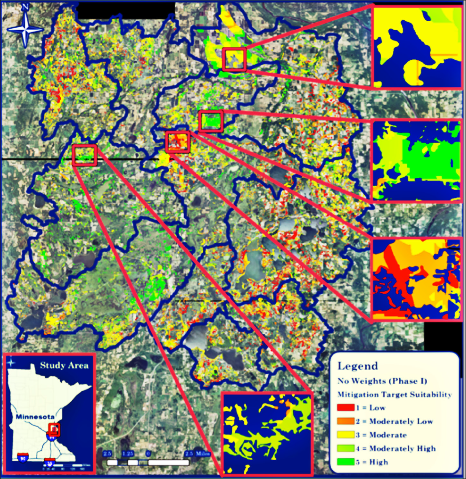 Map of the Sunrise River Watershed Mitigation Site, color-coded by mitigation target suitability