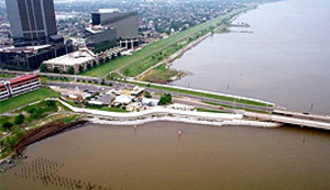 Photograph of a restored river's edge in a city