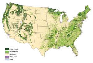 Map of the continental U.S. color-coded to show public forest, private forest, nonforest, urrban areas, and water
