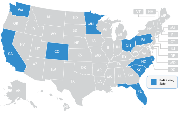 Map of 2019 study states showing WA, CA, CO, MN, OH, PA, NC, SC, and FL as participating states