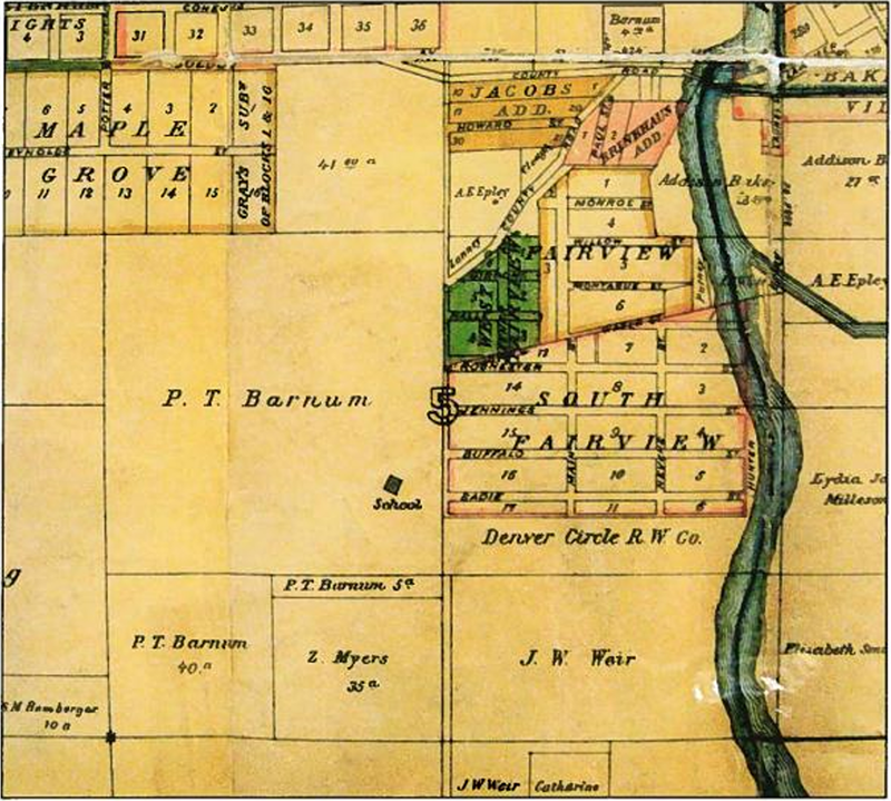 Historic map showing the Maple Grove, Fairview, and South Fairview sections of Denver with plots labeled by land owner