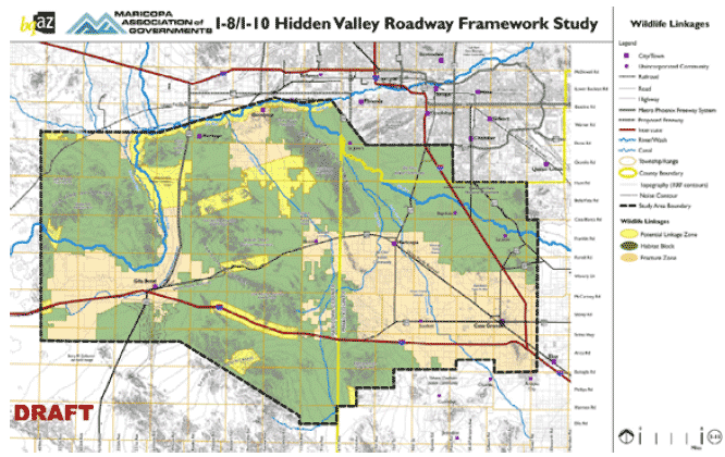 Wildlife linkages map from I-8/I-10 Hidden Valley Roadway Framework Study in Arizona. xxxFor more detailed information, see the Maricopa Association of Governments’ case study lower in the document.
