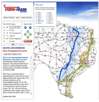 Figure 3. Screen shot of the Trans-Texas Corridor online tool with the preferred alternative shown