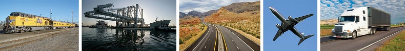 strip of five photos courtesy of Maricopa Association of Governments: a freight train, a bridge during construction, a curving highway in the mountains, a plane in the sky, and a tractor trailer on the highway