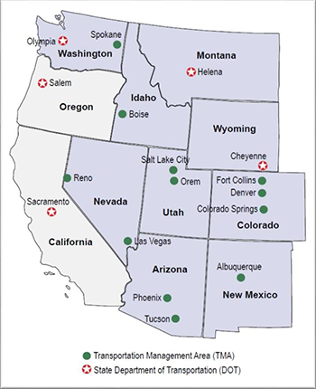Figure 1: IMW Region – a map of the IMW region, which us shaded in purple. States include WA, ID, MT, WY, NV, UT, CO, AZ, and NM. Source: MAG C19 Report
