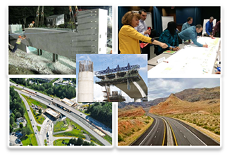 collage of photos: a bridge support, a planning meeting, a western highway, an aerial view of a highway interchange, and a bridge being built