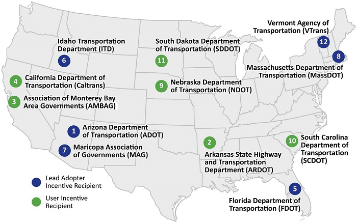 map of the continental U.S. marked to show the Agencies listed below. The mmap locations are color-coded to show Lead Adopter Incentive Recipients (ADOT, FDOT, ITD, MAG, MassDOT, and VTrans) and User Incentive Recipients (ARDOT, AMBAG, Caltrans, NDOT, SCDOT, and SDDOT)