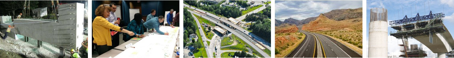 strip of four photos: workers putting a large concrete support in place; a working planning meeting; bridge construction at a highway interchange; a curved highway in a rural, mountainous region; and a closeup of a bridge being constructed